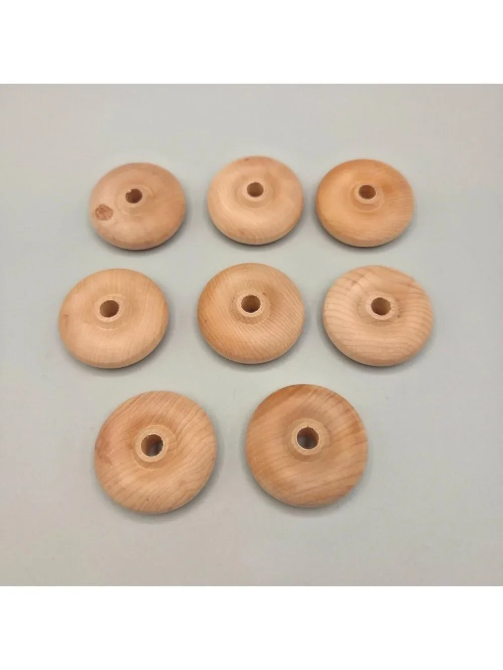 Natural Wood Donut-Shaped Wheels Center Hole 2 Inch Diameter Set of 8